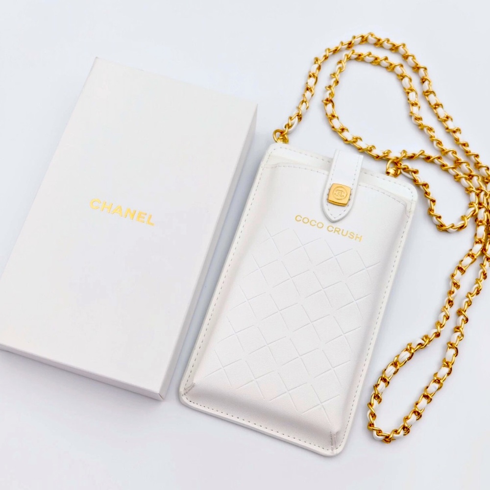 CHANEL White and Gold Phone Case with Chain
